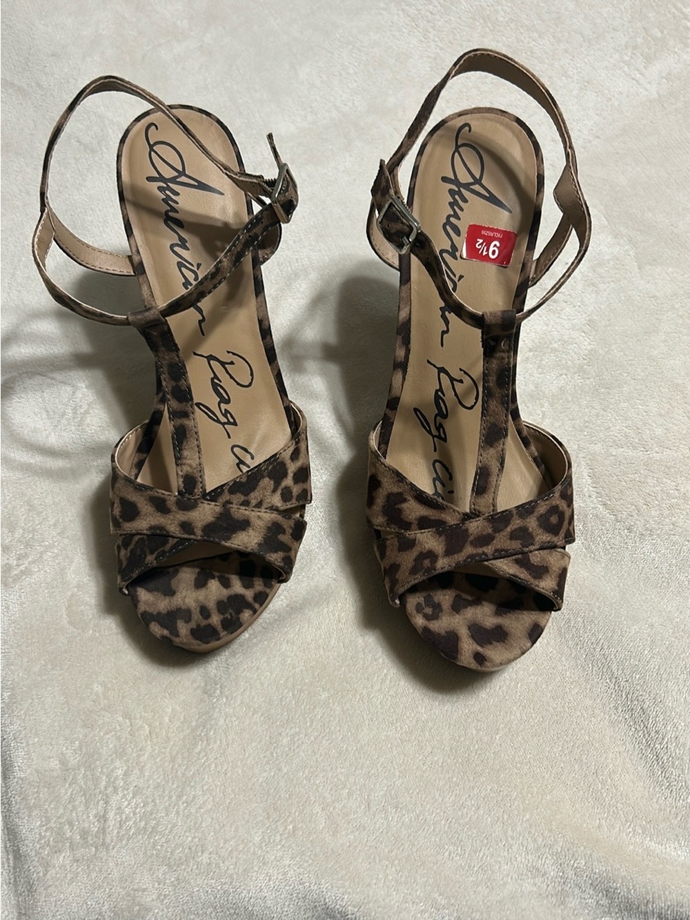 American Rag Leopard Print T-Strap Heels in Brown and Black